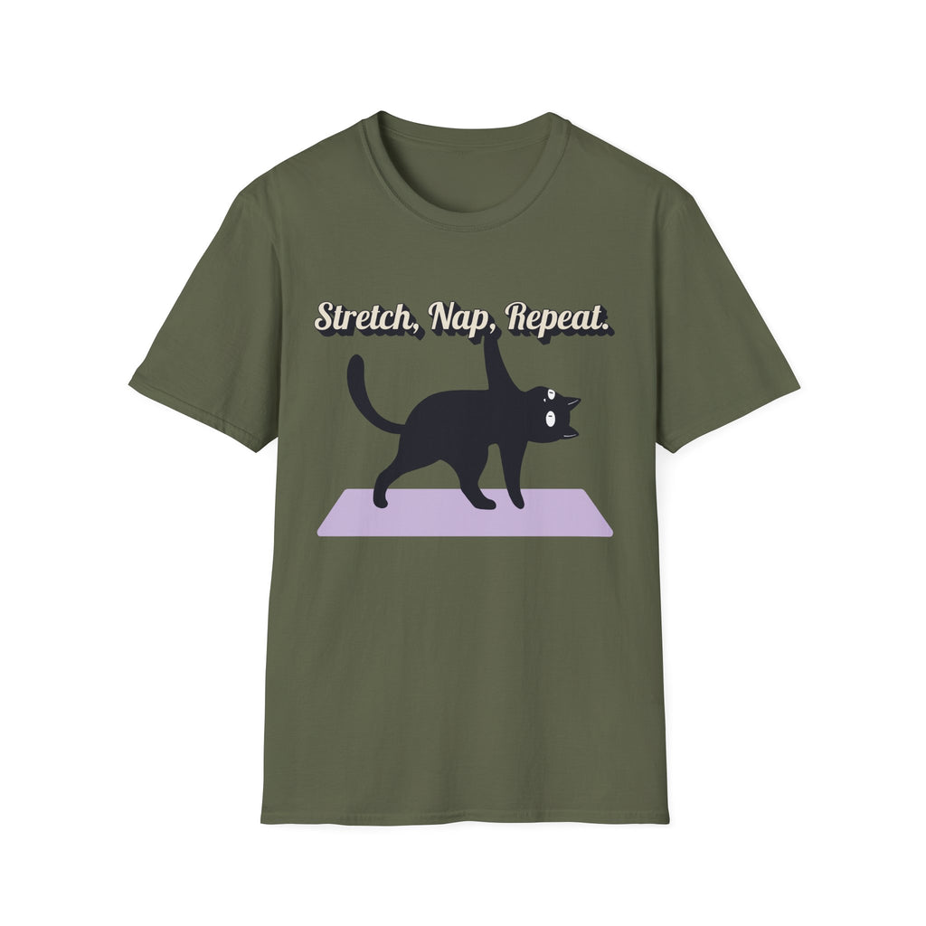Stretch, Nap, Repeat Cat T-Shirt | Funny Yoga Cat Tee for Cat Lovers