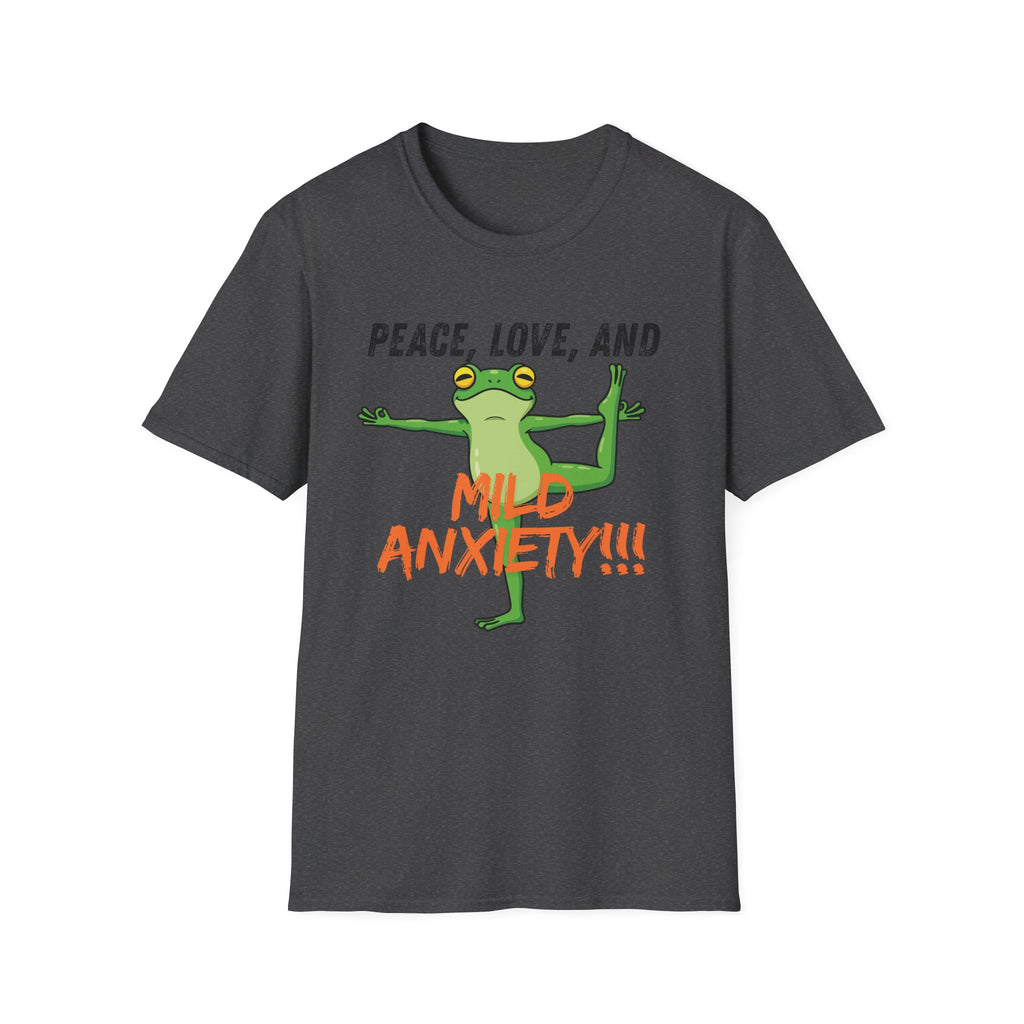 Peace, Love, and Mild Anxiety T-Shirt | Funny Yoga Frog Graphic Tee