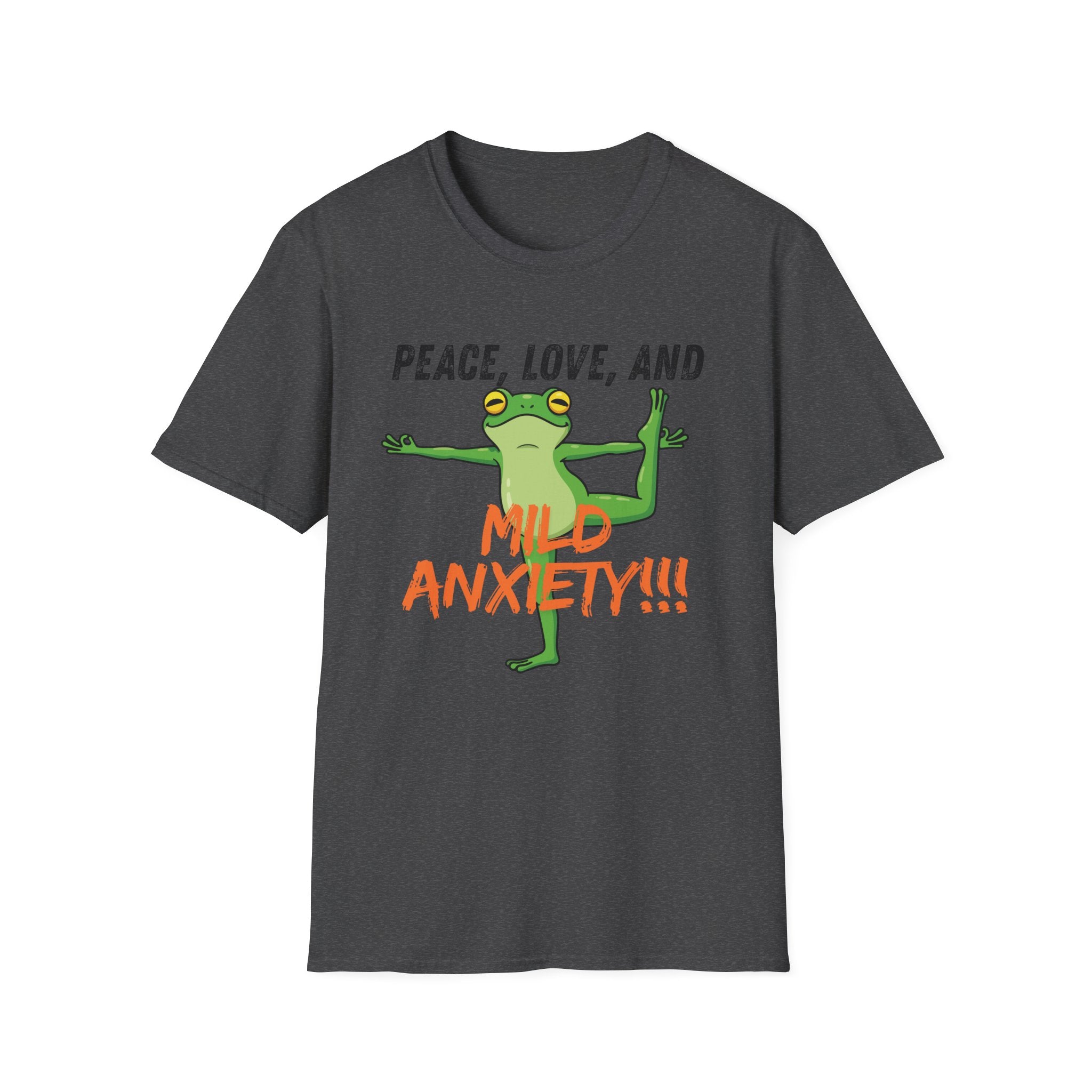 Peace, Love, and Mild Anxiety T-Shirt | Funny Yoga Frog Graphic Tee
