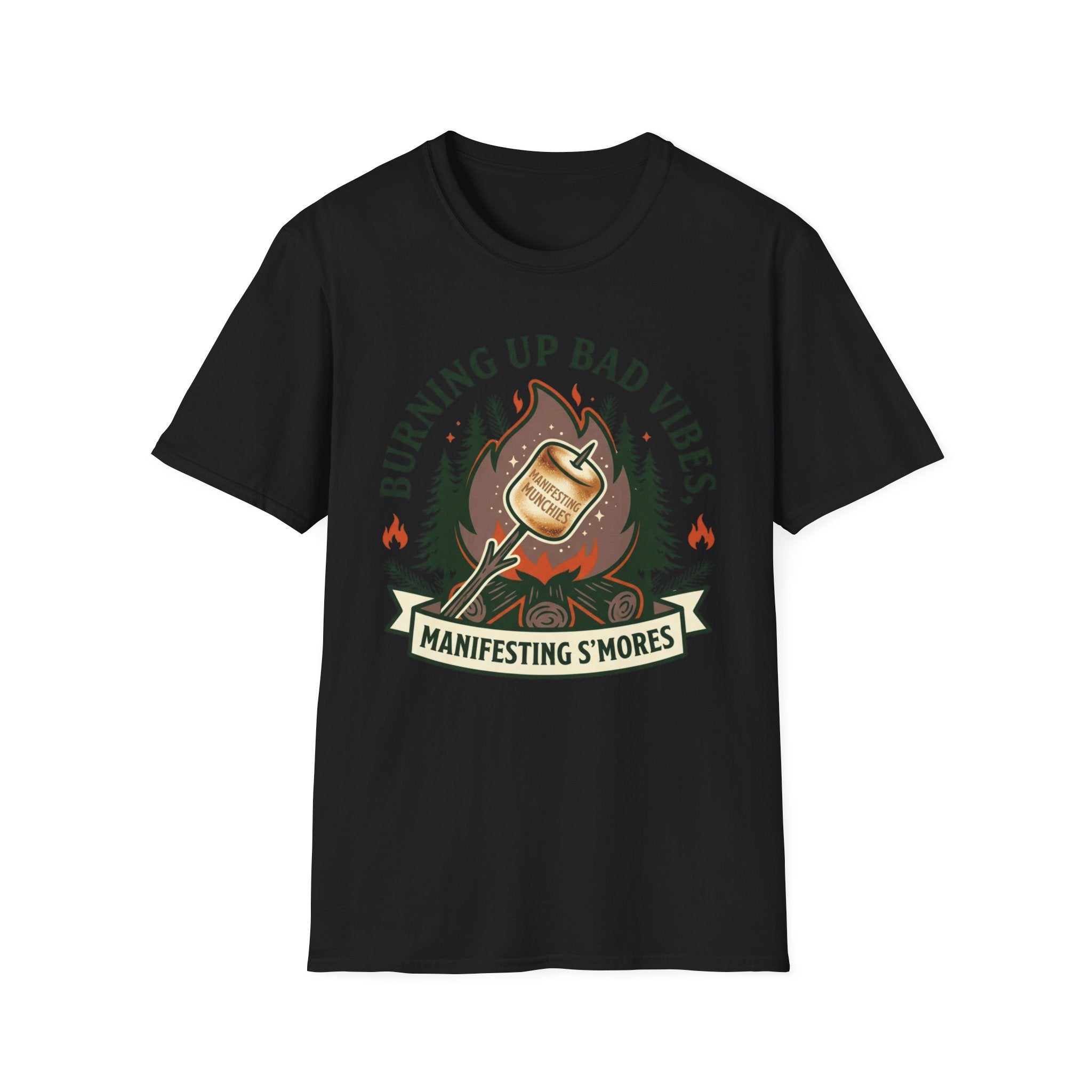 Manifesting S'mores T-Shirt — "Burning Up Bad Vibes" Camping Graphic Tee