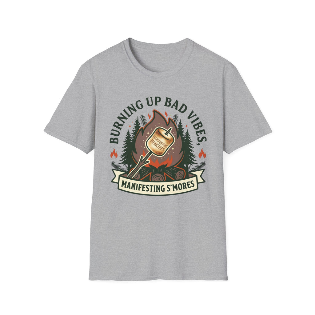 Manifesting S'mores T-Shirt — "Burning Up Bad Vibes" Camping Graphic Tee