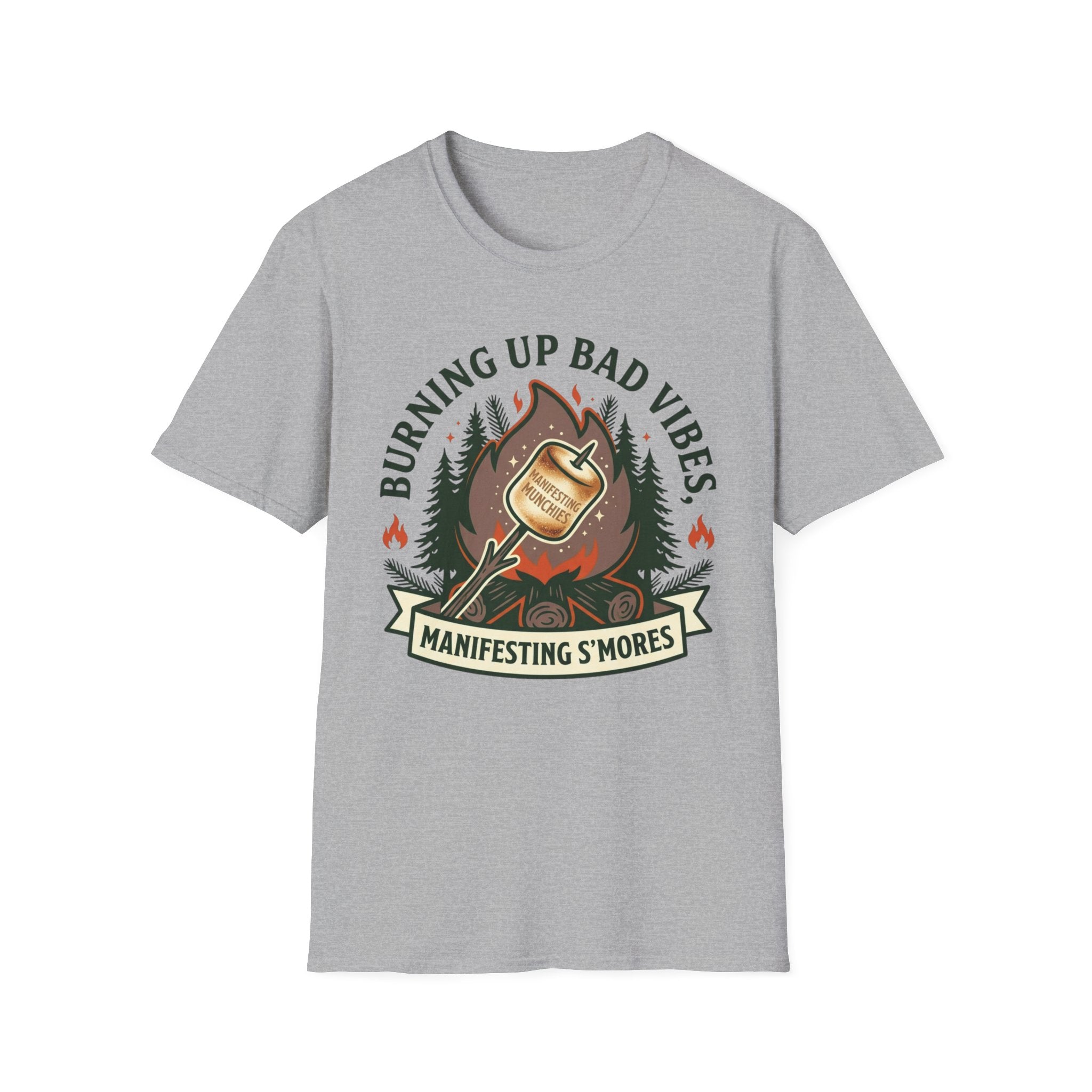 Manifesting S'mores T-Shirt — "Burning Up Bad Vibes" Camping Graphic Tee