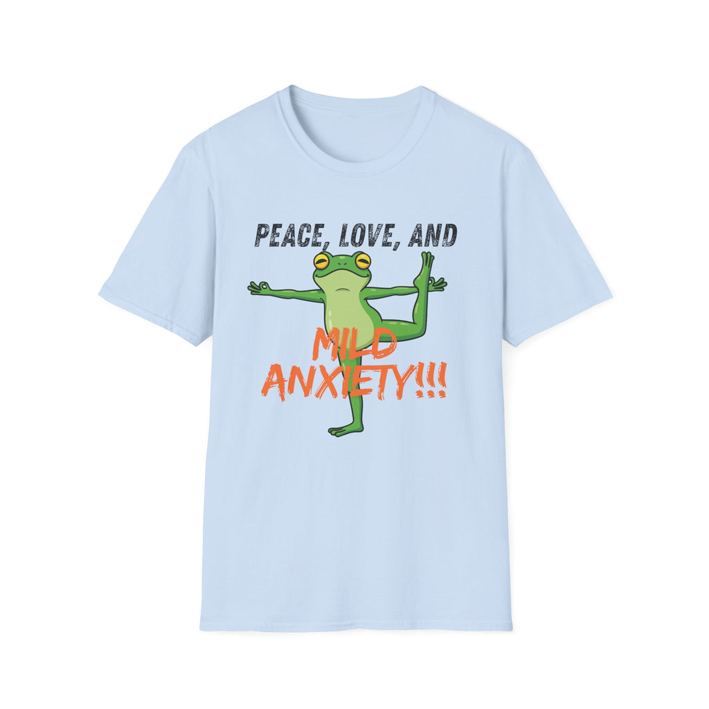 Peace, Love, and Mild Anxiety T-Shirt | Funny Yoga Frog Graphic Tee
