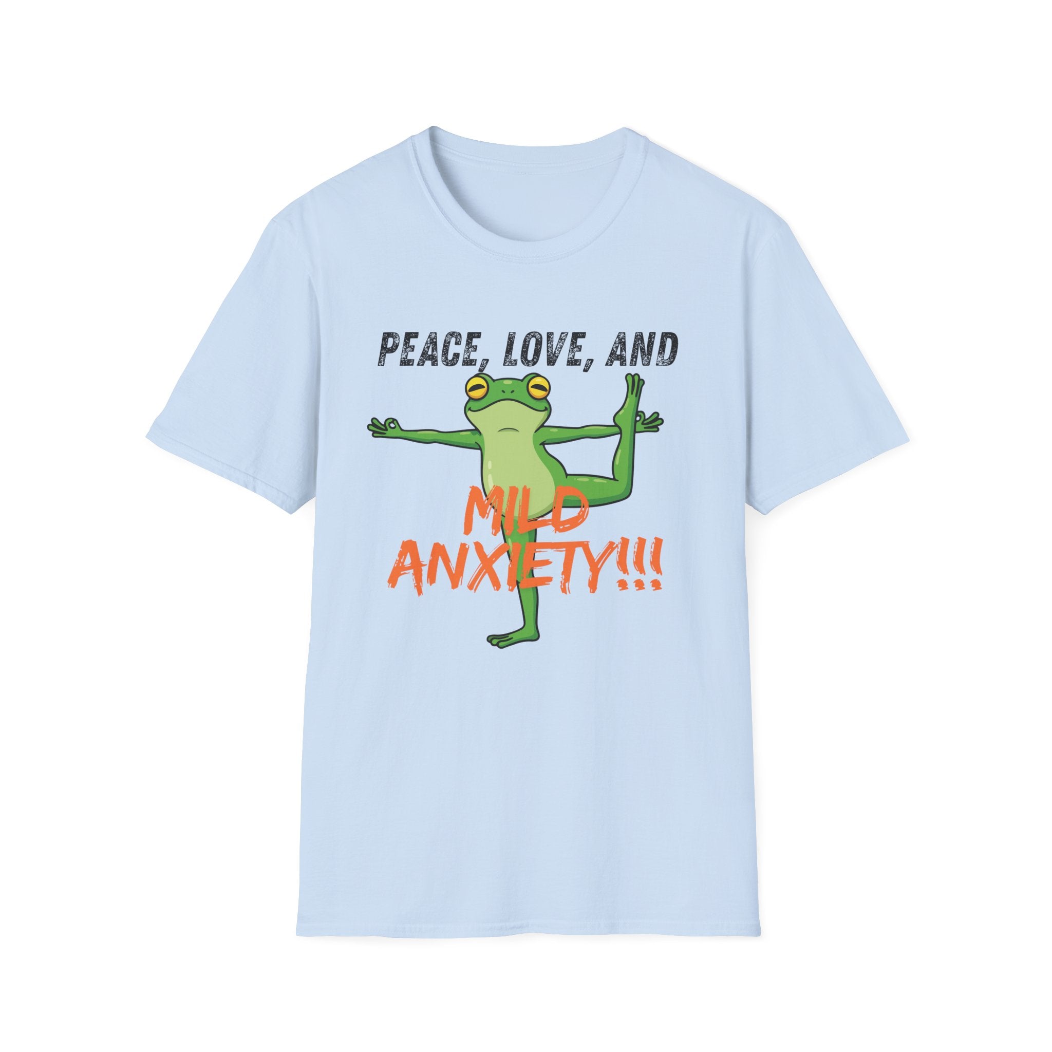 Peace, Love, and Mild Anxiety T-Shirt | Funny Yoga Frog Graphic Tee