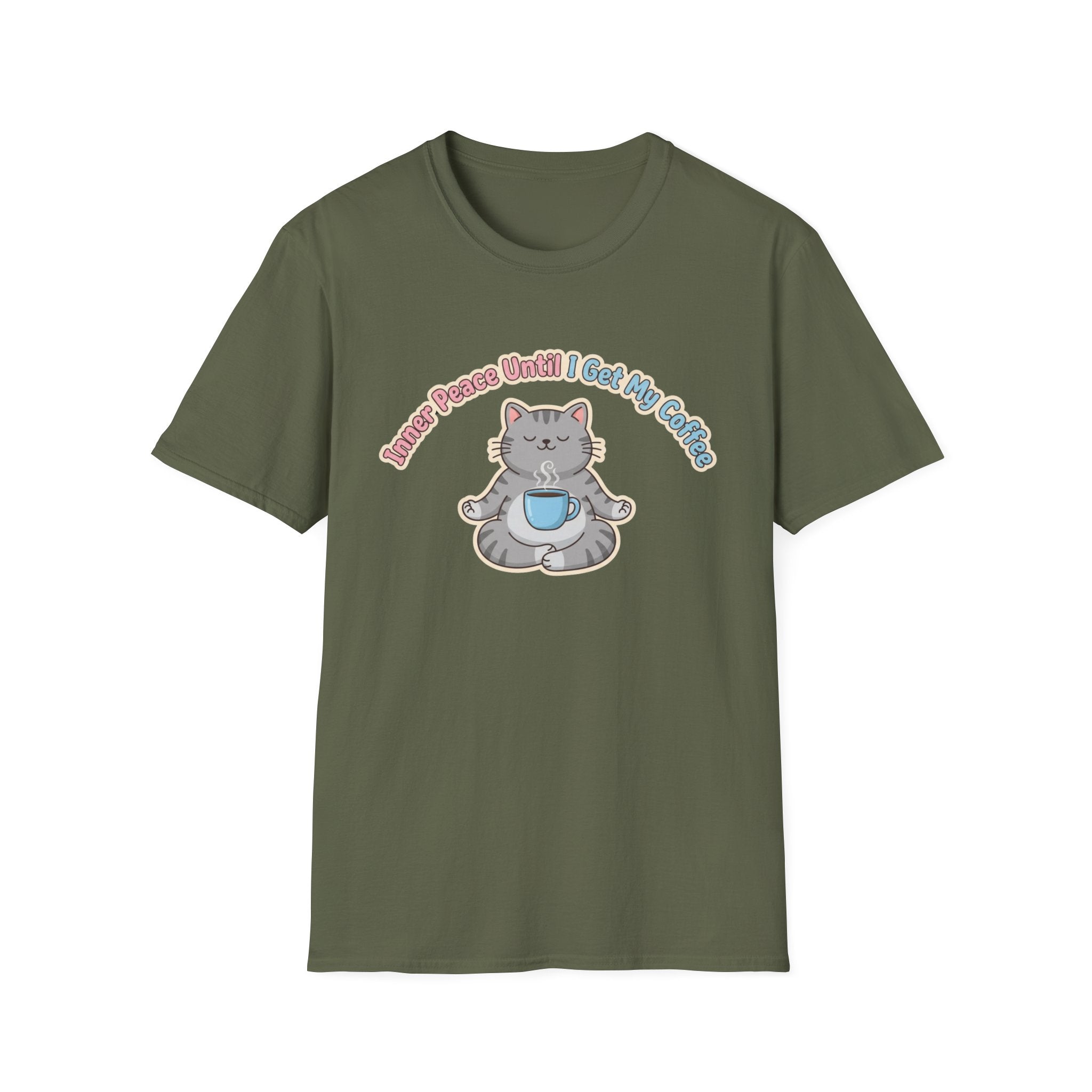 "Inner Peace Until I Get My Coffee" Cute Meditating Cat Graphic T-Shirt