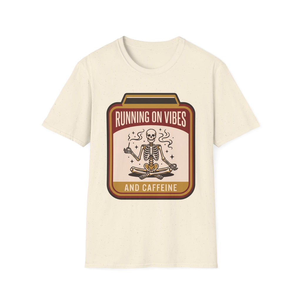 Running on Vibes and Caffeine T-Shirt | Skeleton Yoga Retro Graphic Tee