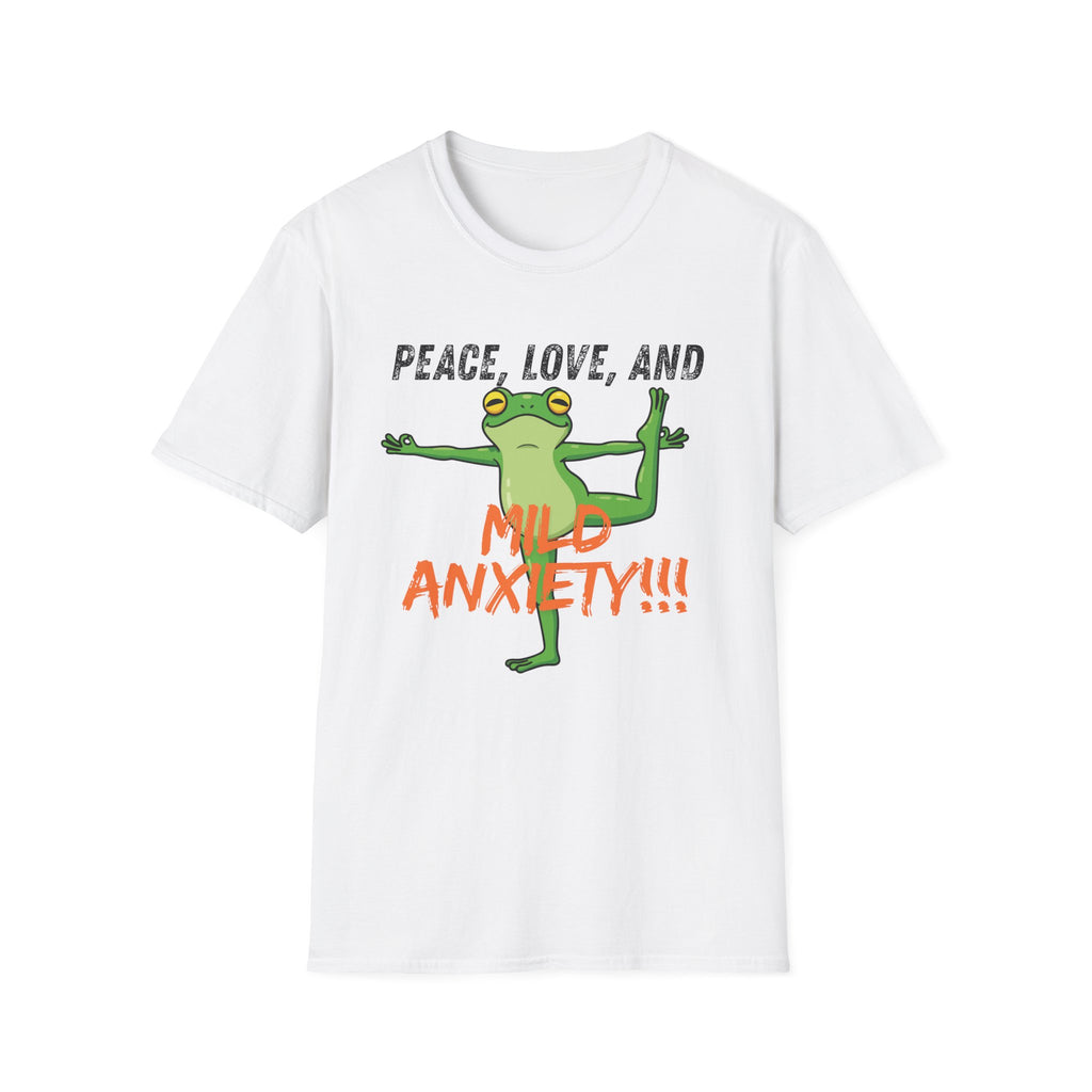 Peace, Love, and Mild Anxiety T-Shirt | Funny Yoga Frog Graphic Tee