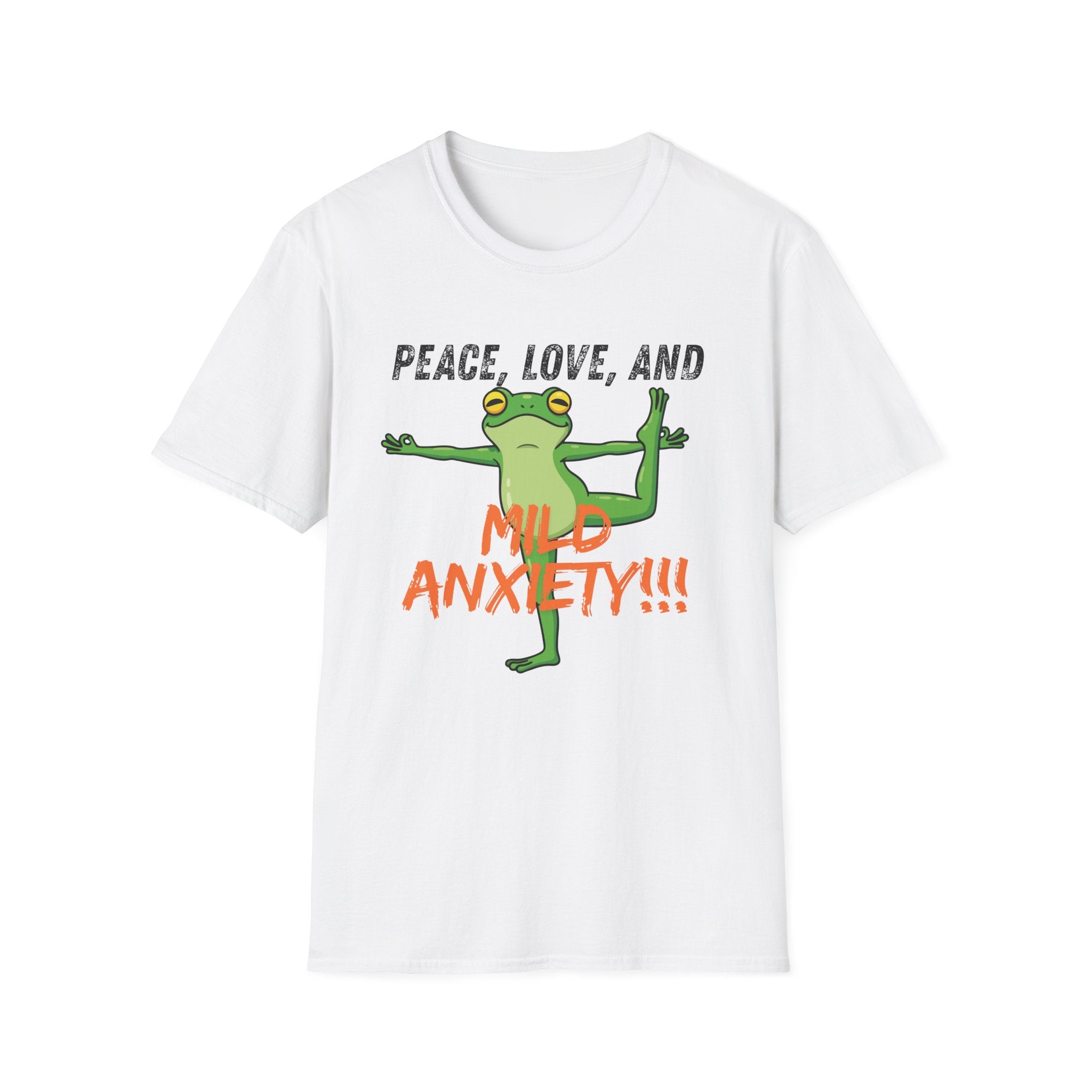 Peace, Love, and Mild Anxiety T-Shirt | Funny Yoga Frog Graphic Tee