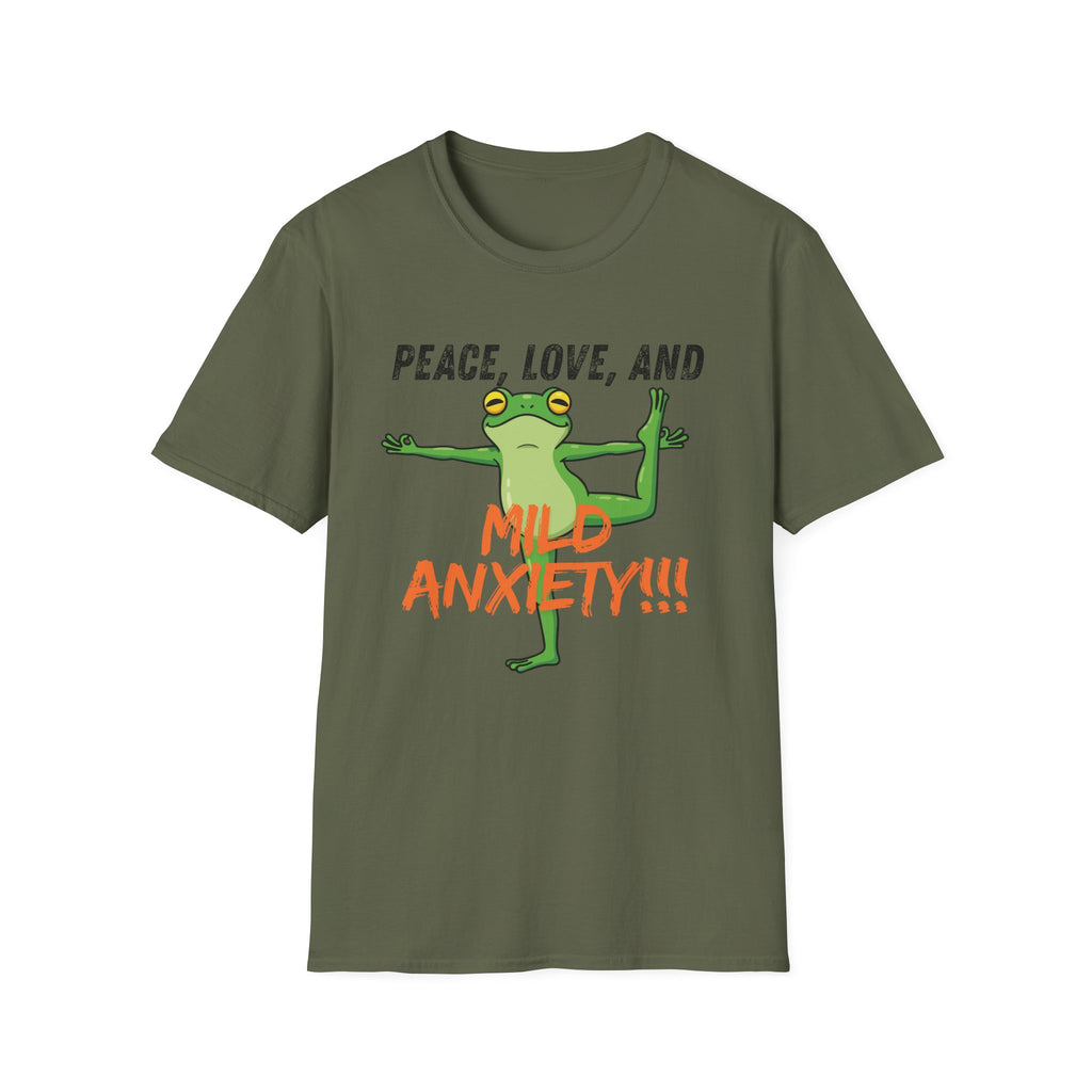 Peace, Love, and Mild Anxiety T-Shirt | Funny Yoga Frog Graphic Tee
