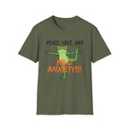 Peace, Love, and Mild Anxiety T-Shirt | Funny Yoga Frog Graphic Tee