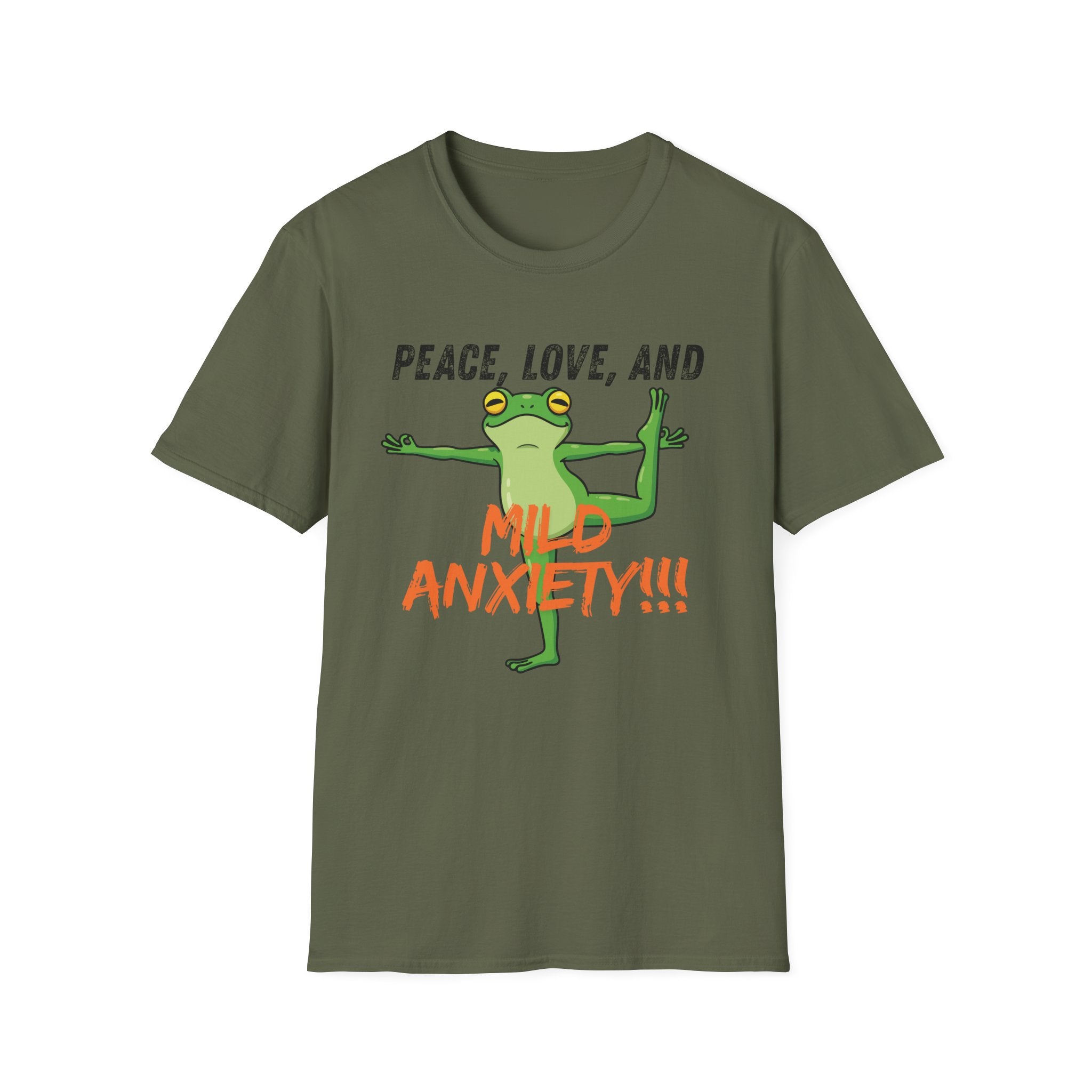 Peace, Love, and Mild Anxiety T-Shirt | Funny Yoga Frog Graphic Tee