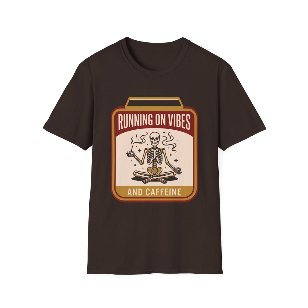 Running on Vibes and Caffeine T-Shirt | Skeleton Yoga Retro Graphic Tee
