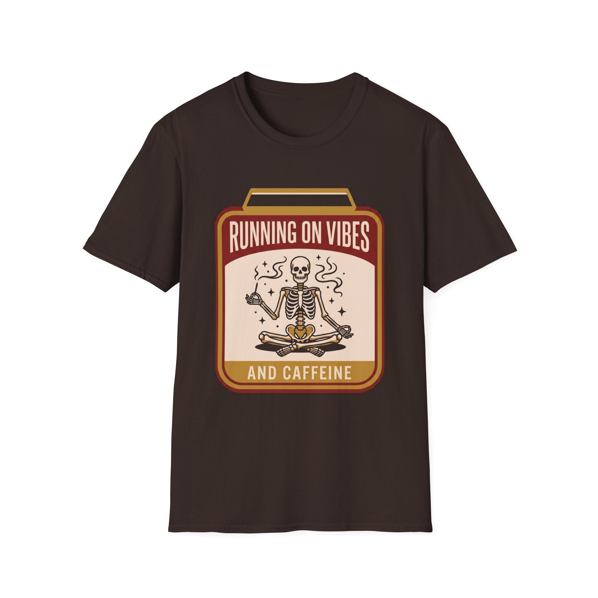 Running on Vibes and Caffeine T-Shirt | Skeleton Yoga Retro Graphic Tee