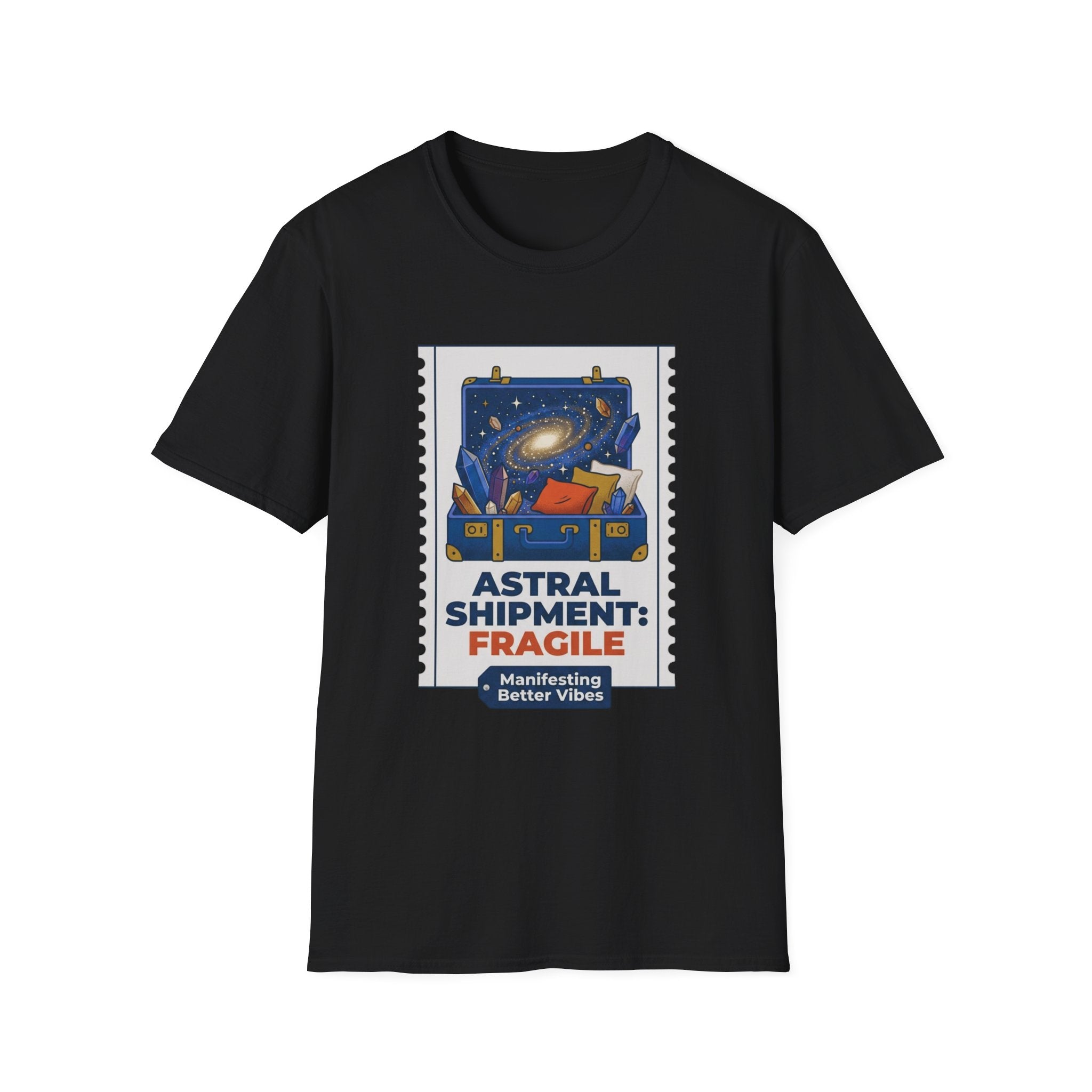 Astral Shipment T-Shirt | "Fragile: Maintaining Better Vibes" Cosmic Luggage Tee