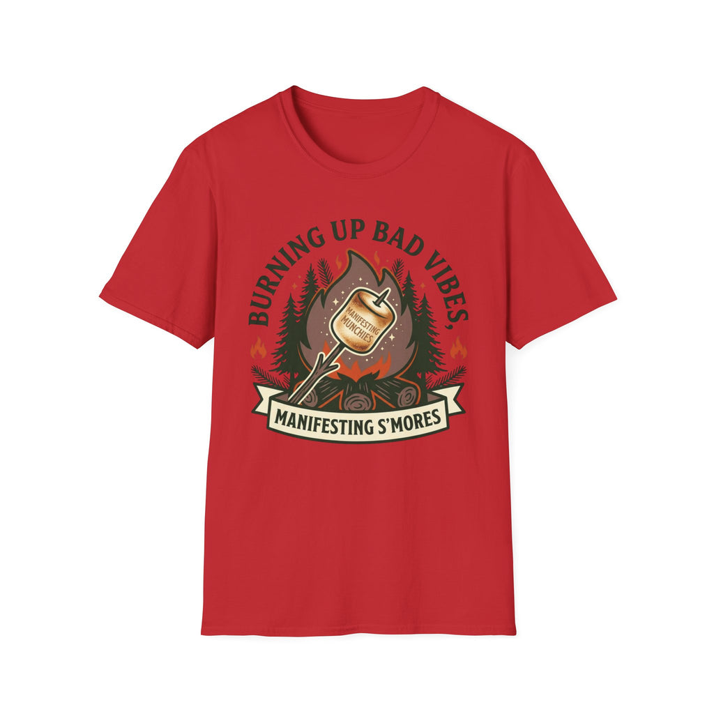 Manifesting S'mores T-Shirt — "Burning Up Bad Vibes" Camping Graphic Tee
