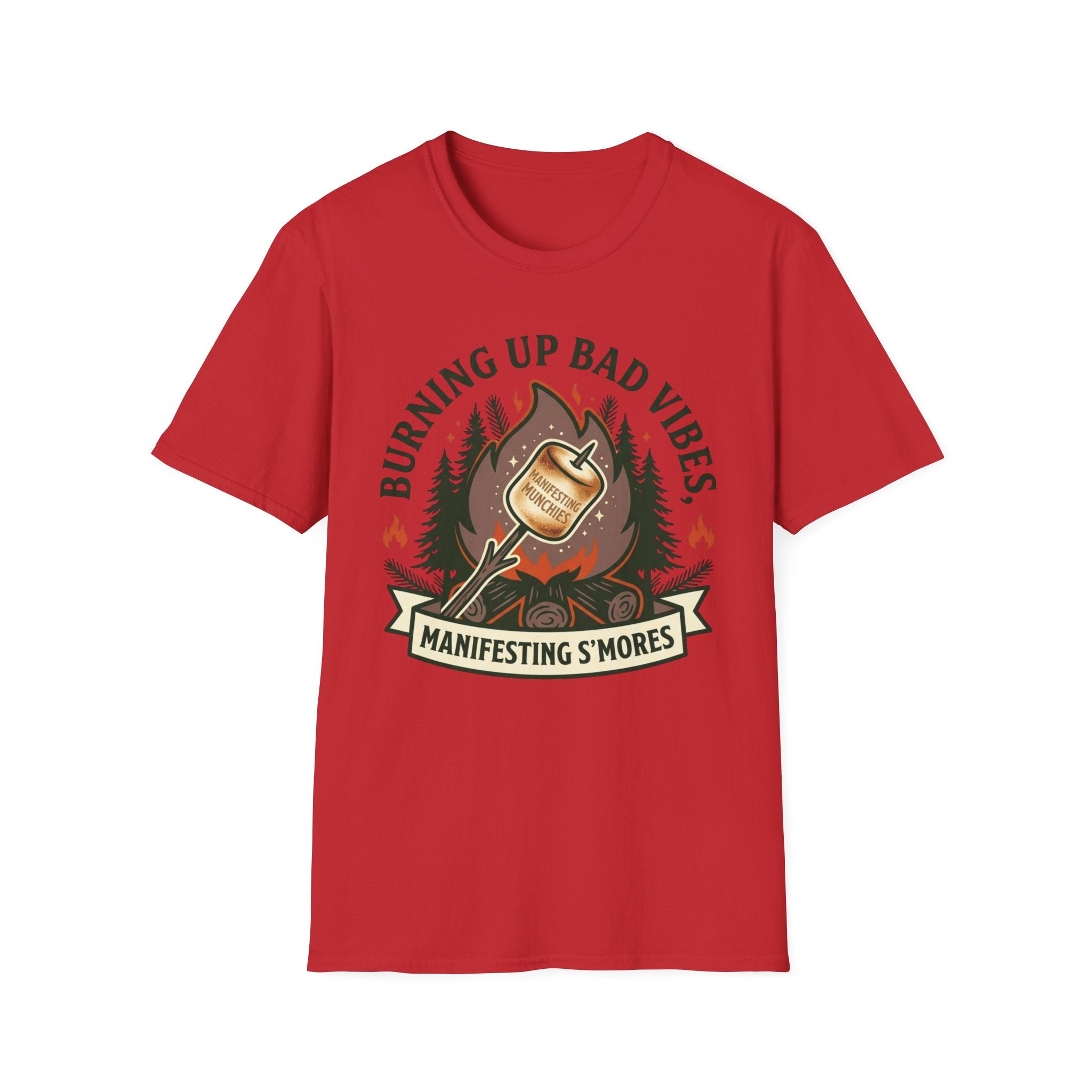 Manifesting S'mores T-Shirt — "Burning Up Bad Vibes" Camping Graphic Tee