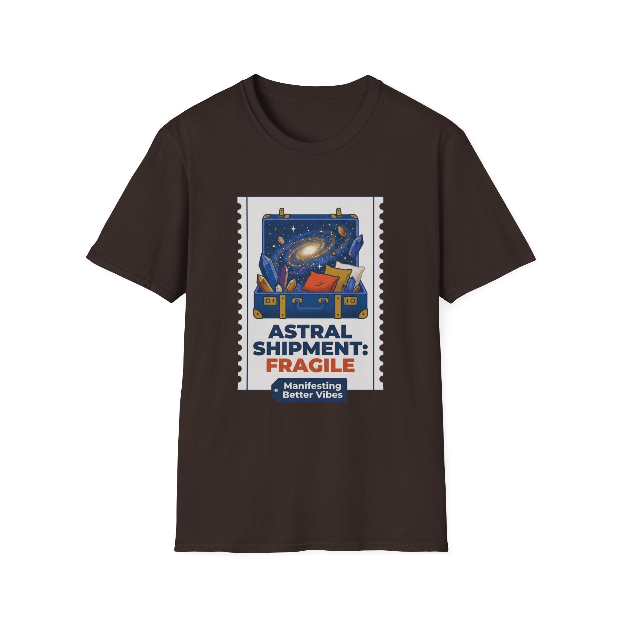 Astral Shipment T-Shirt | "Fragile: Maintaining Better Vibes" Cosmic Luggage Tee