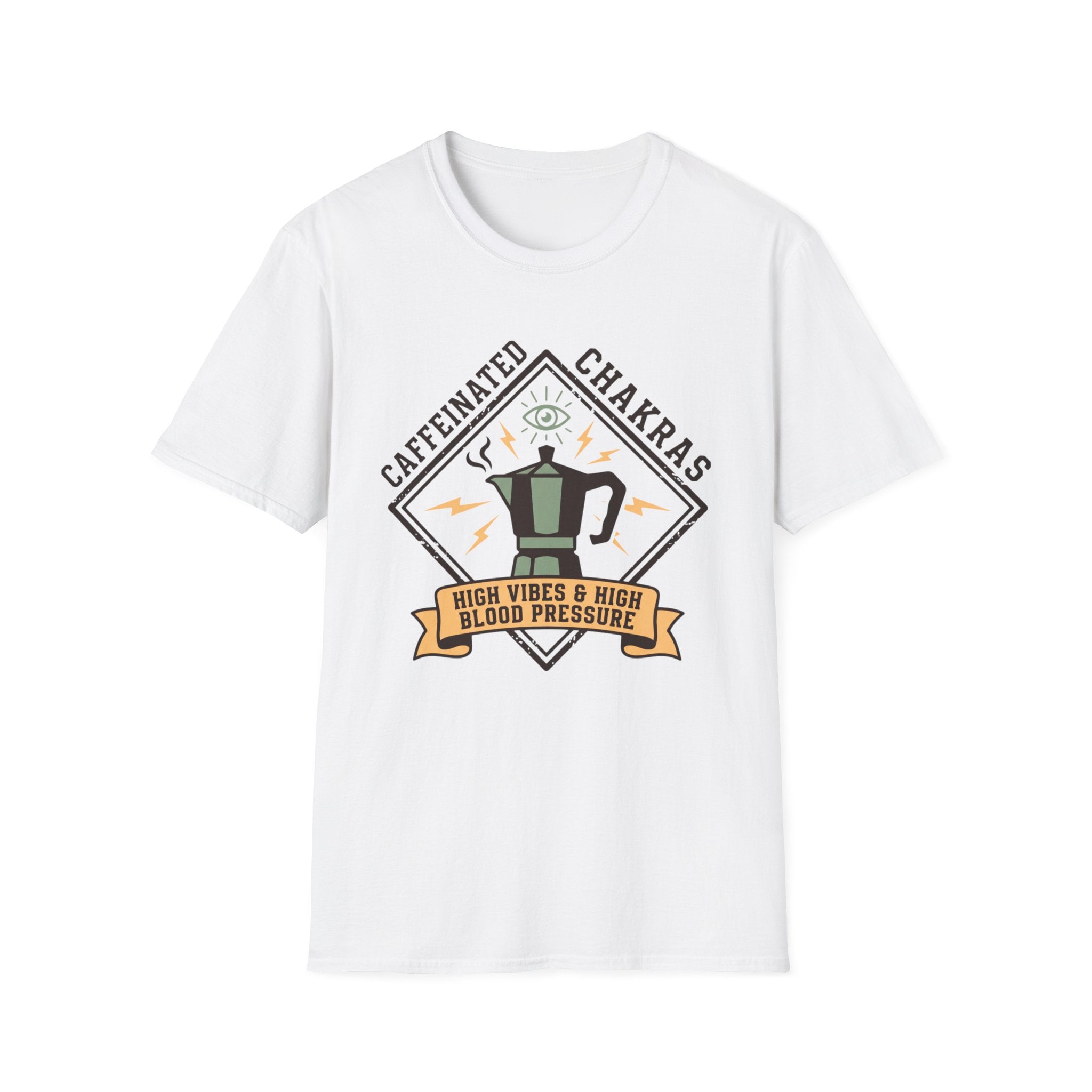Caffeinated Chakras T-Shirt | "High Vibes & High Blood Pressure" Coffee Lovers Tee