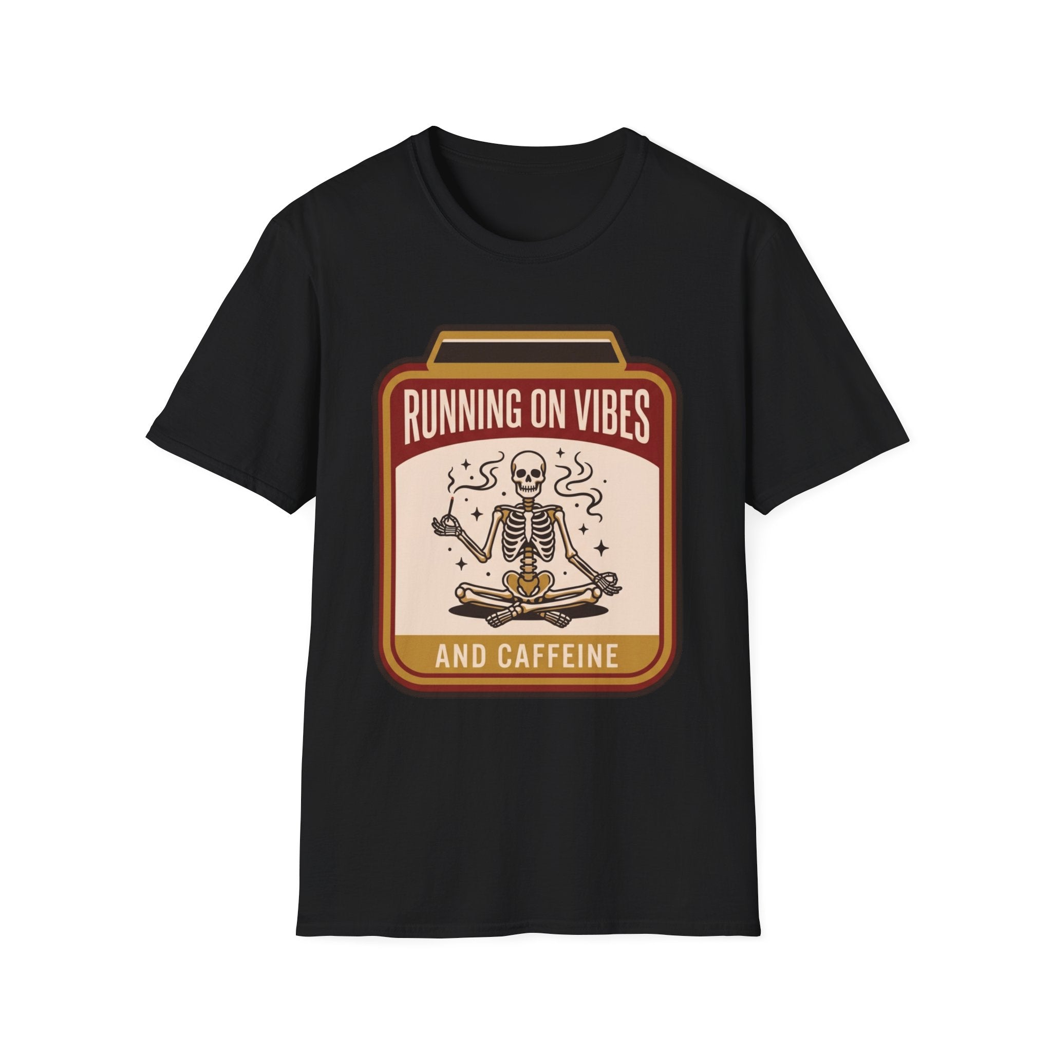 Running on Vibes and Caffeine T-Shirt | Skeleton Yoga Retro Graphic Tee