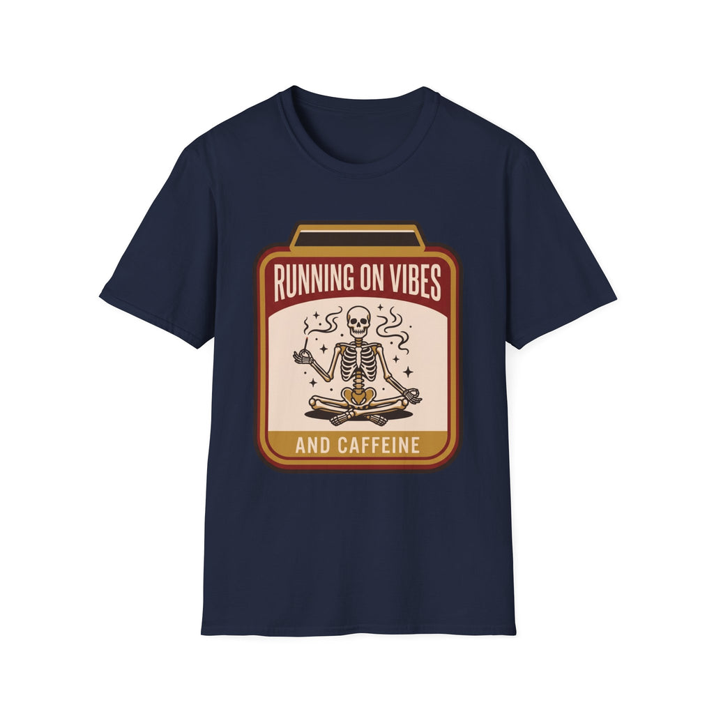 Running on Vibes and Caffeine T-Shirt | Skeleton Yoga Retro Graphic Tee