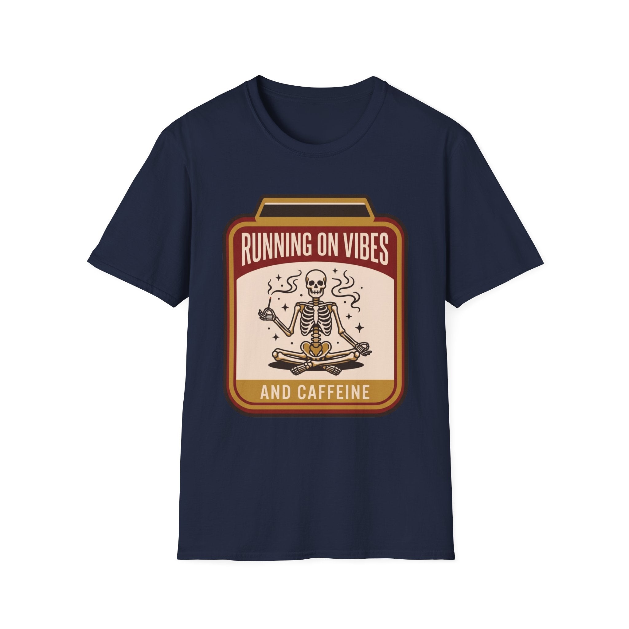 Running on Vibes and Caffeine T-Shirt | Skeleton Yoga Retro Graphic Tee