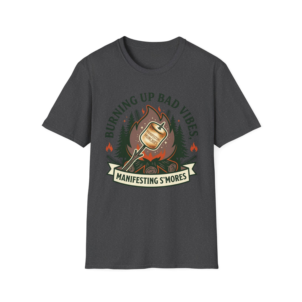 Manifesting S'mores T-Shirt — "Burning Up Bad Vibes" Camping Graphic Tee