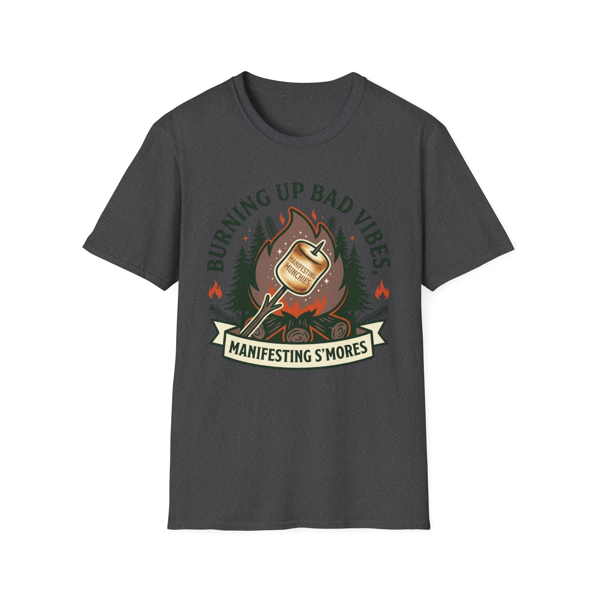 Manifesting S'mores T-Shirt — "Burning Up Bad Vibes" Camping Graphic Tee
