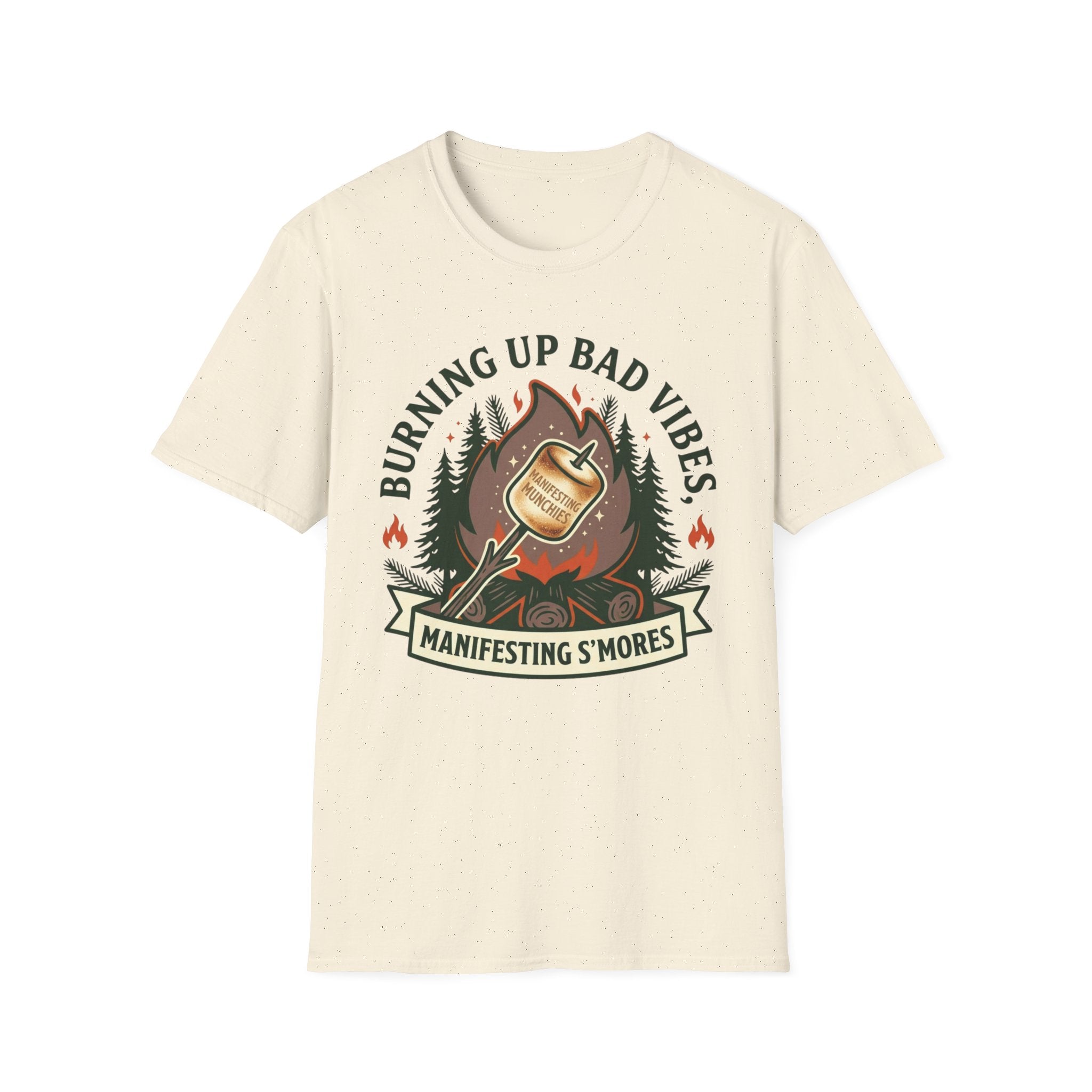 Manifesting S'mores T-Shirt — "Burning Up Bad Vibes" Camping Graphic Tee