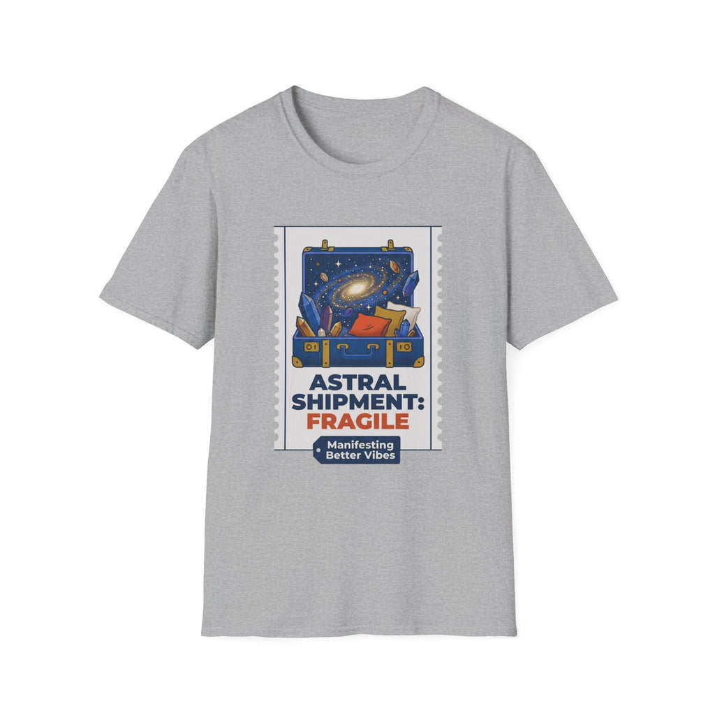 Astral Shipment T-Shirt | "Fragile: Maintaining Better Vibes" Cosmic Luggage Tee