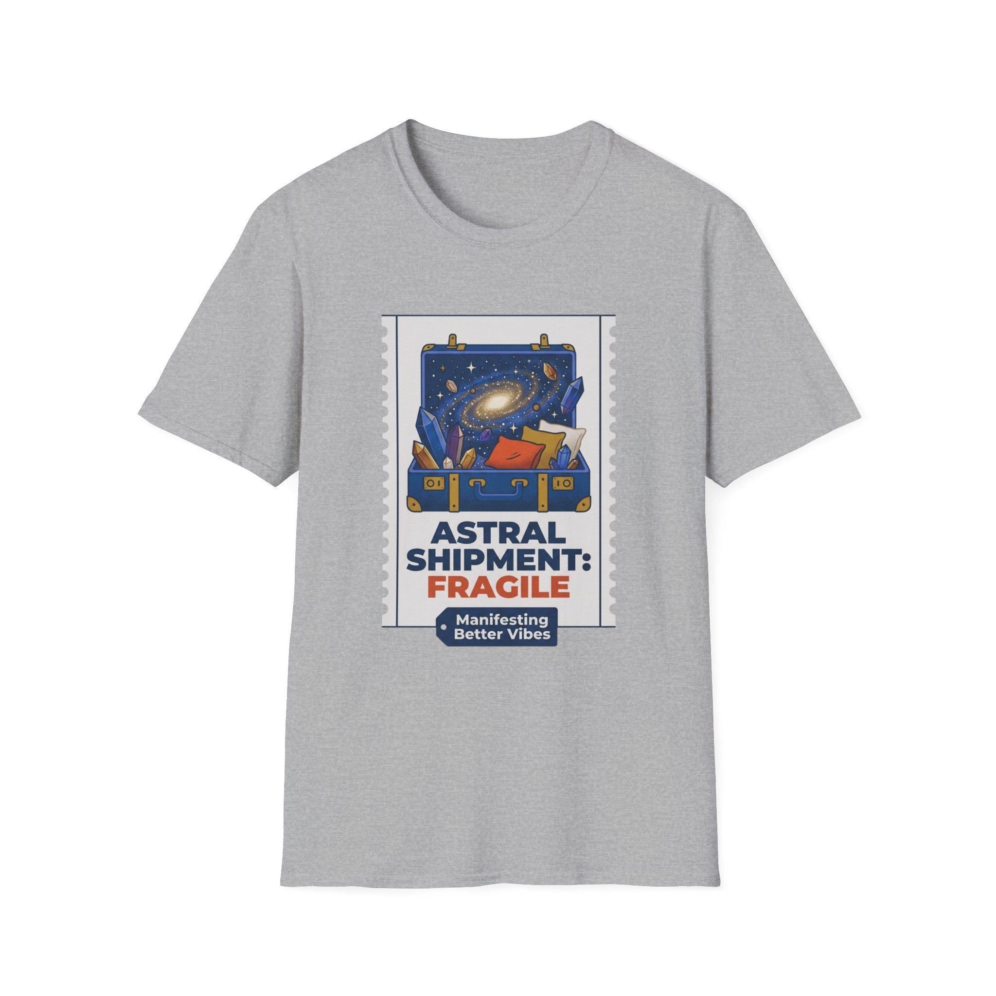 Astral Shipment T-Shirt | "Fragile: Maintaining Better Vibes" Cosmic Luggage Tee