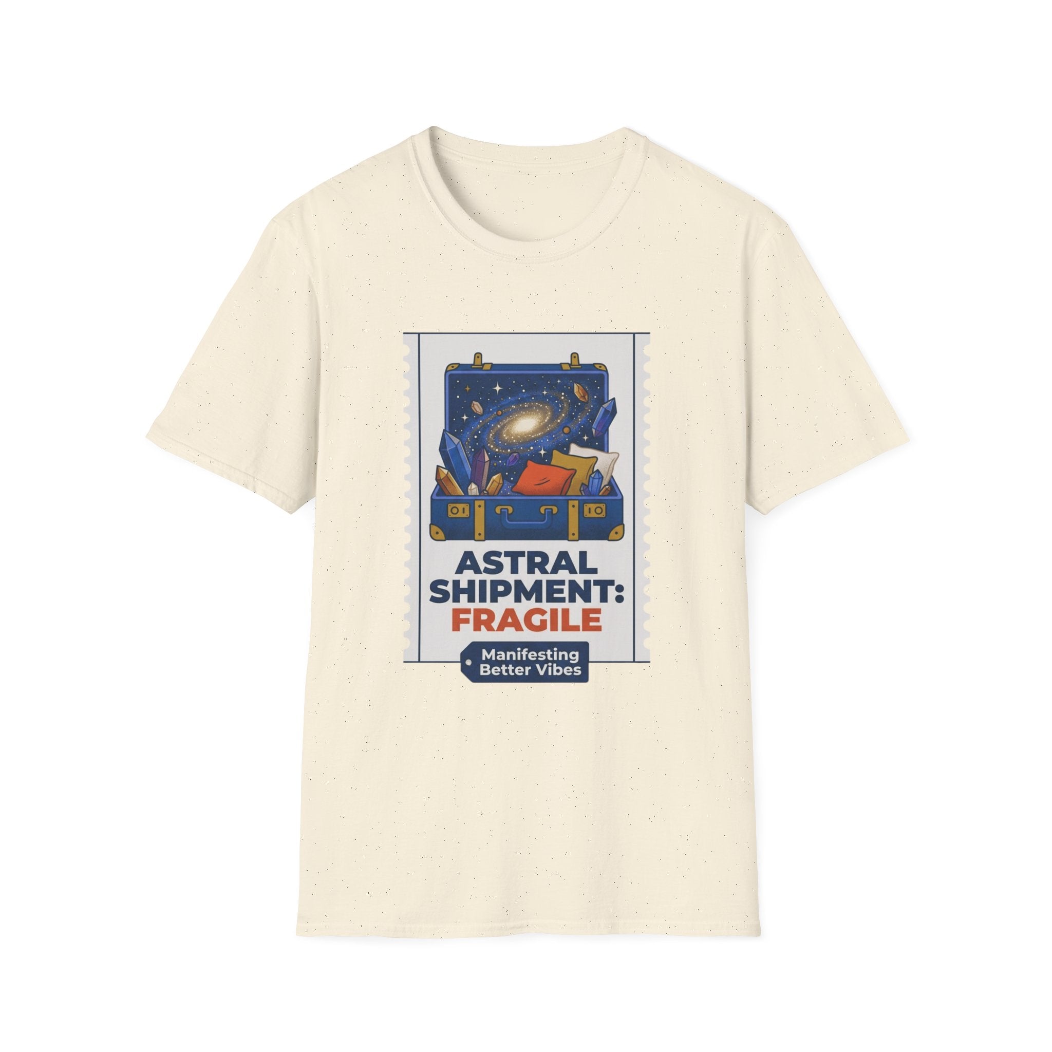 Astral Shipment T-Shirt | "Fragile: Maintaining Better Vibes" Cosmic Luggage Tee