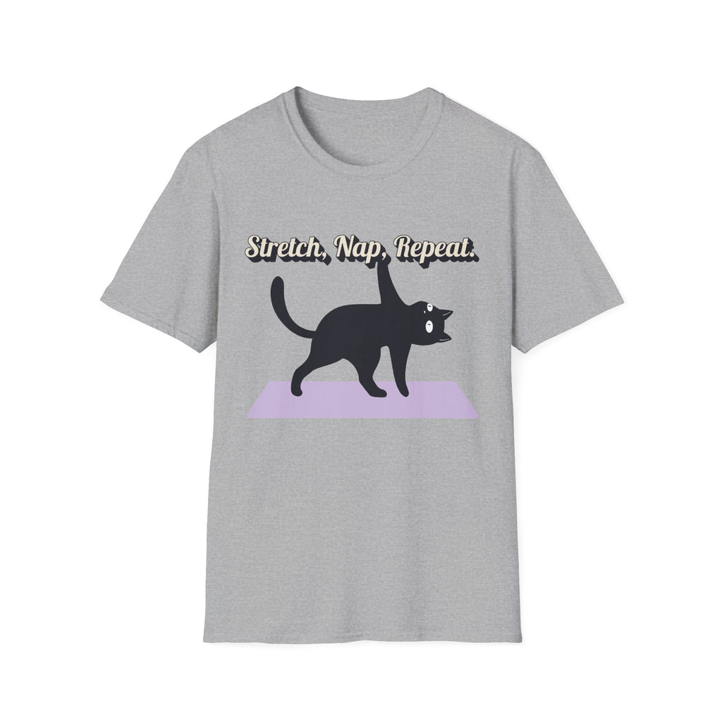 Stretch, Nap, Repeat Cat T-Shirt | Funny Yoga Cat Tee for Cat Lovers