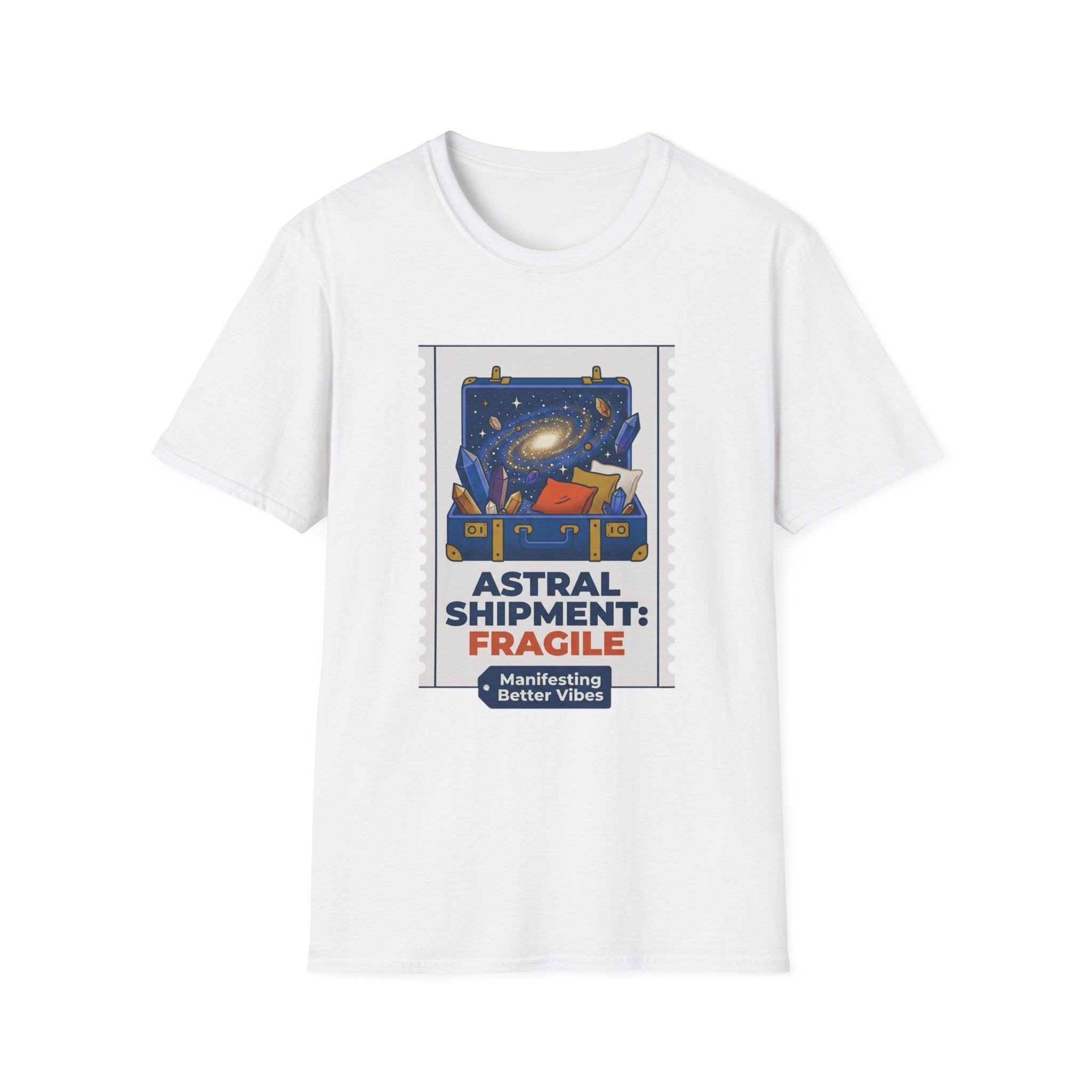 Astral Shipment T-Shirt | "Fragile: Maintaining Better Vibes" Cosmic Luggage Tee