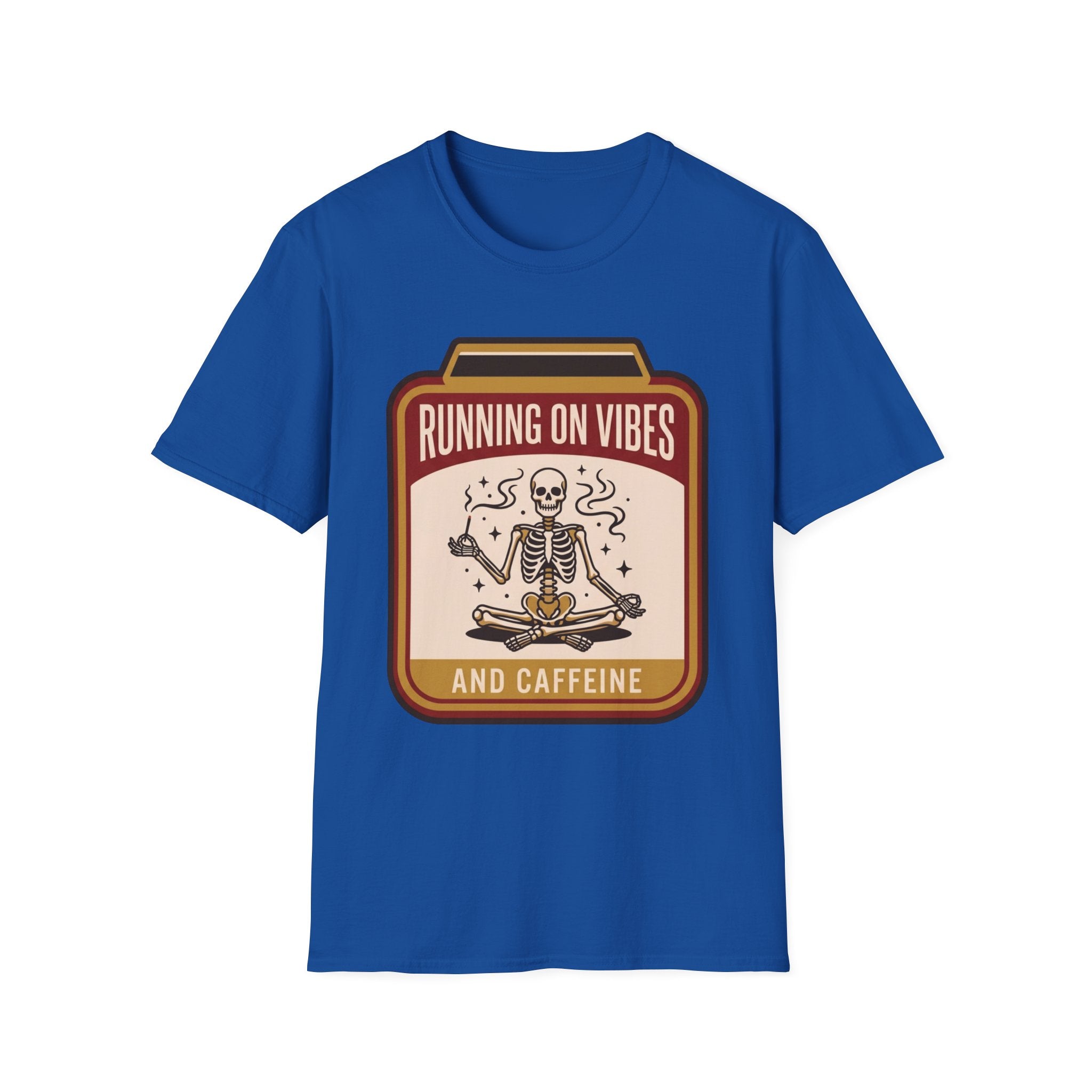 Running on Vibes and Caffeine T-Shirt | Skeleton Yoga Retro Graphic Tee