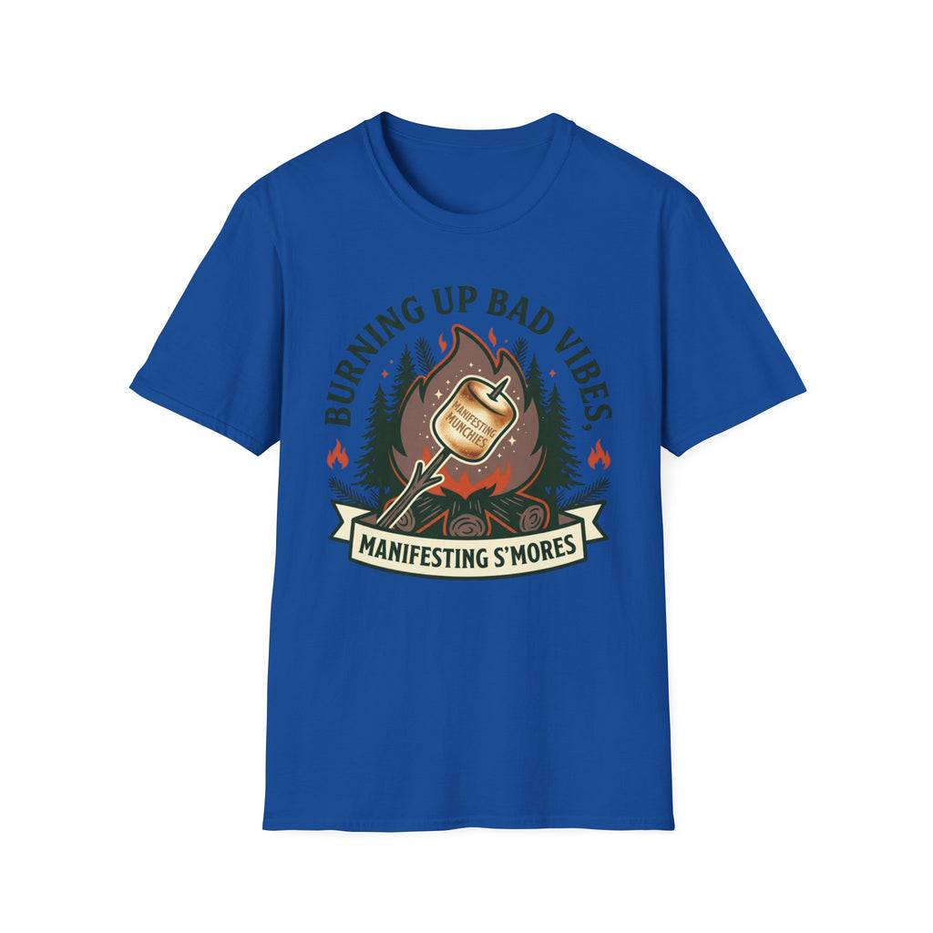 Manifesting S'mores T-Shirt — "Burning Up Bad Vibes" Camping Graphic Tee