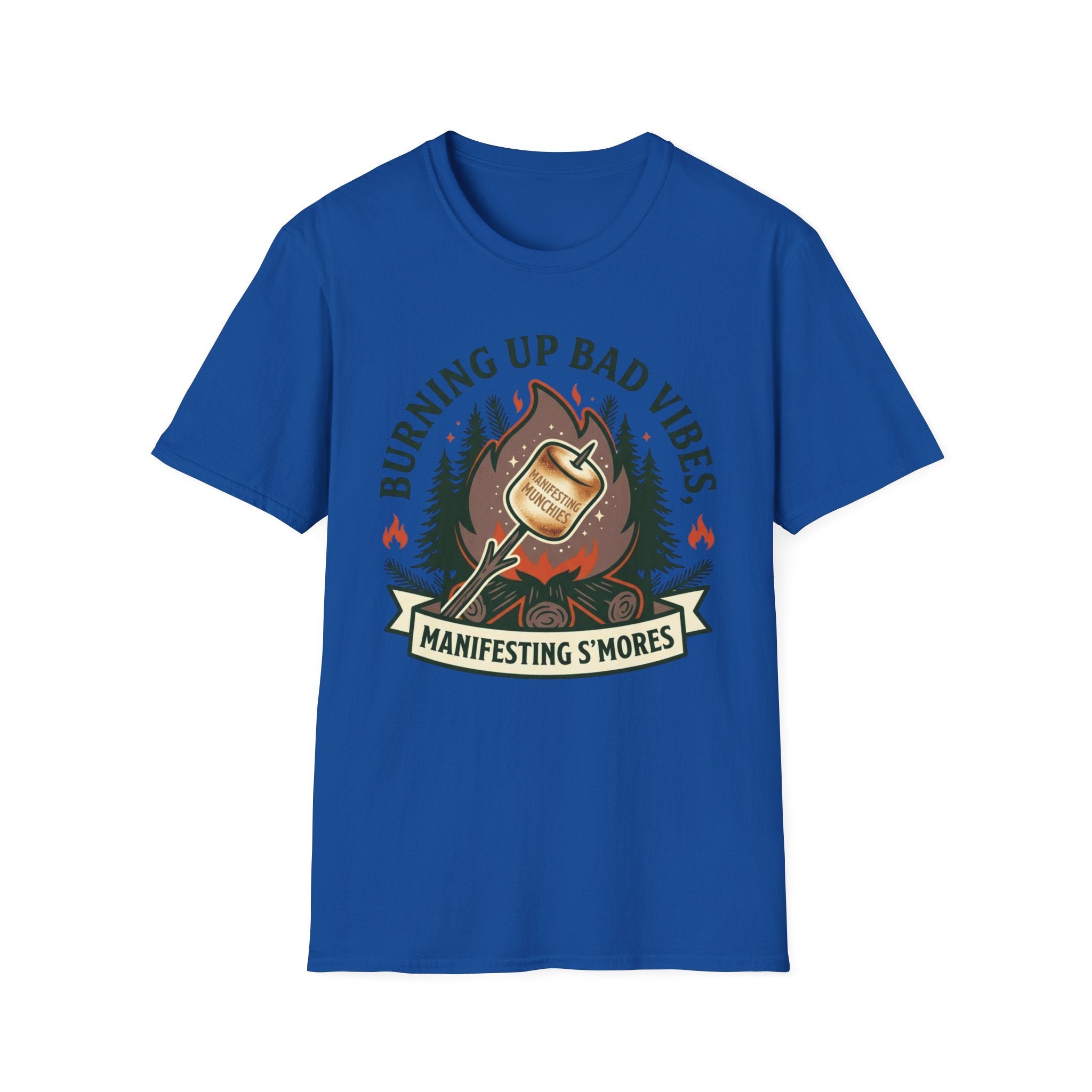 Manifesting S'mores T-Shirt — "Burning Up Bad Vibes" Camping Graphic Tee