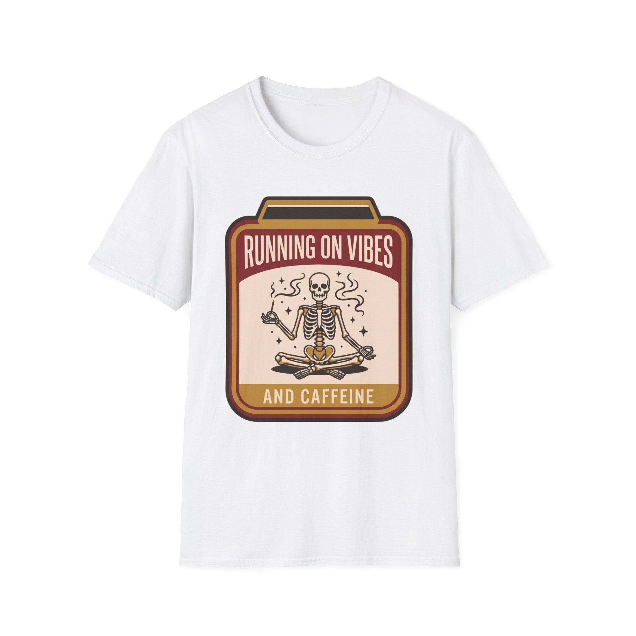 Running on Vibes and Caffeine T-Shirt | Skeleton Yoga Retro Graphic Tee