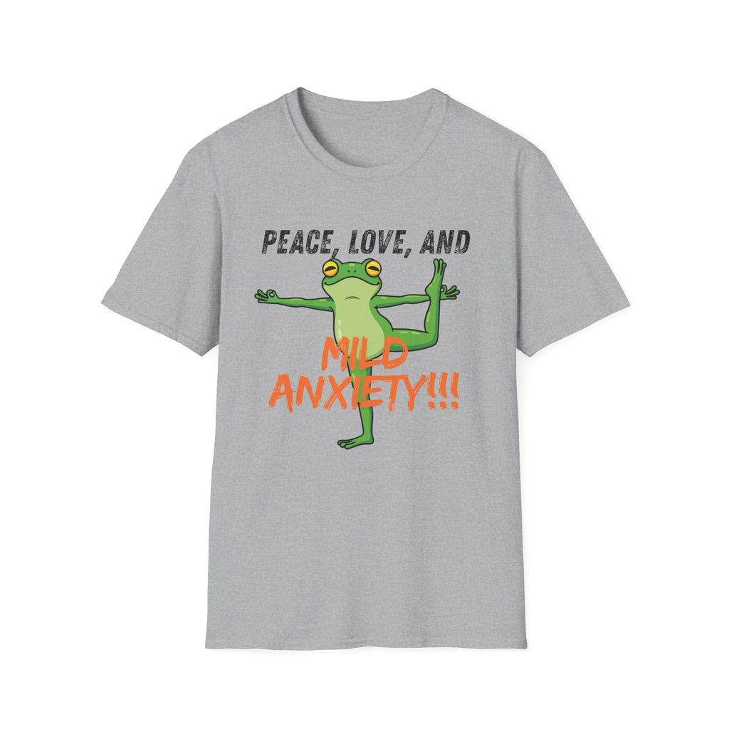 Peace, Love, and Mild Anxiety T-Shirt | Funny Yoga Frog Graphic Tee