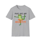Peace, Love, and Mild Anxiety T-Shirt | Funny Yoga Frog Graphic Tee