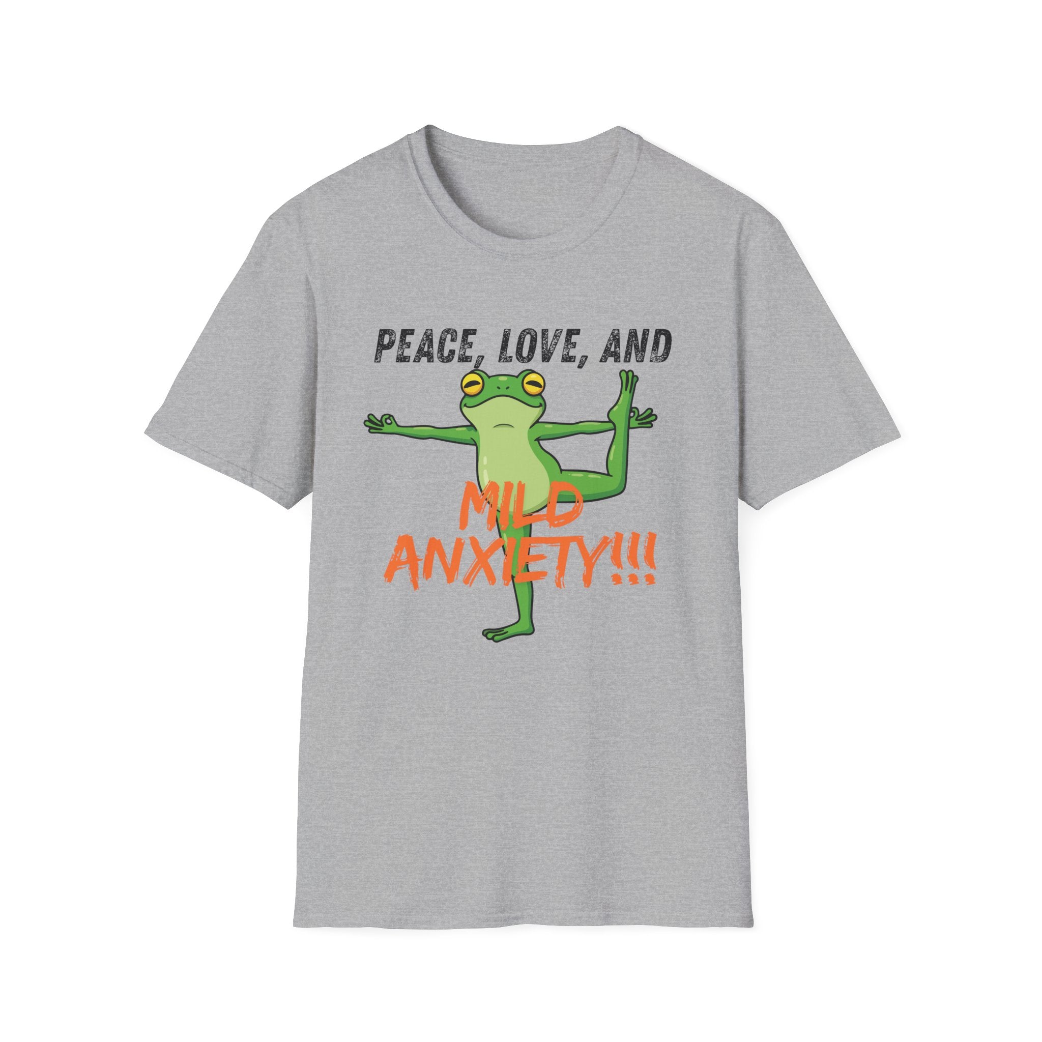 Peace, Love, and Mild Anxiety T-Shirt | Funny Yoga Frog Graphic Tee