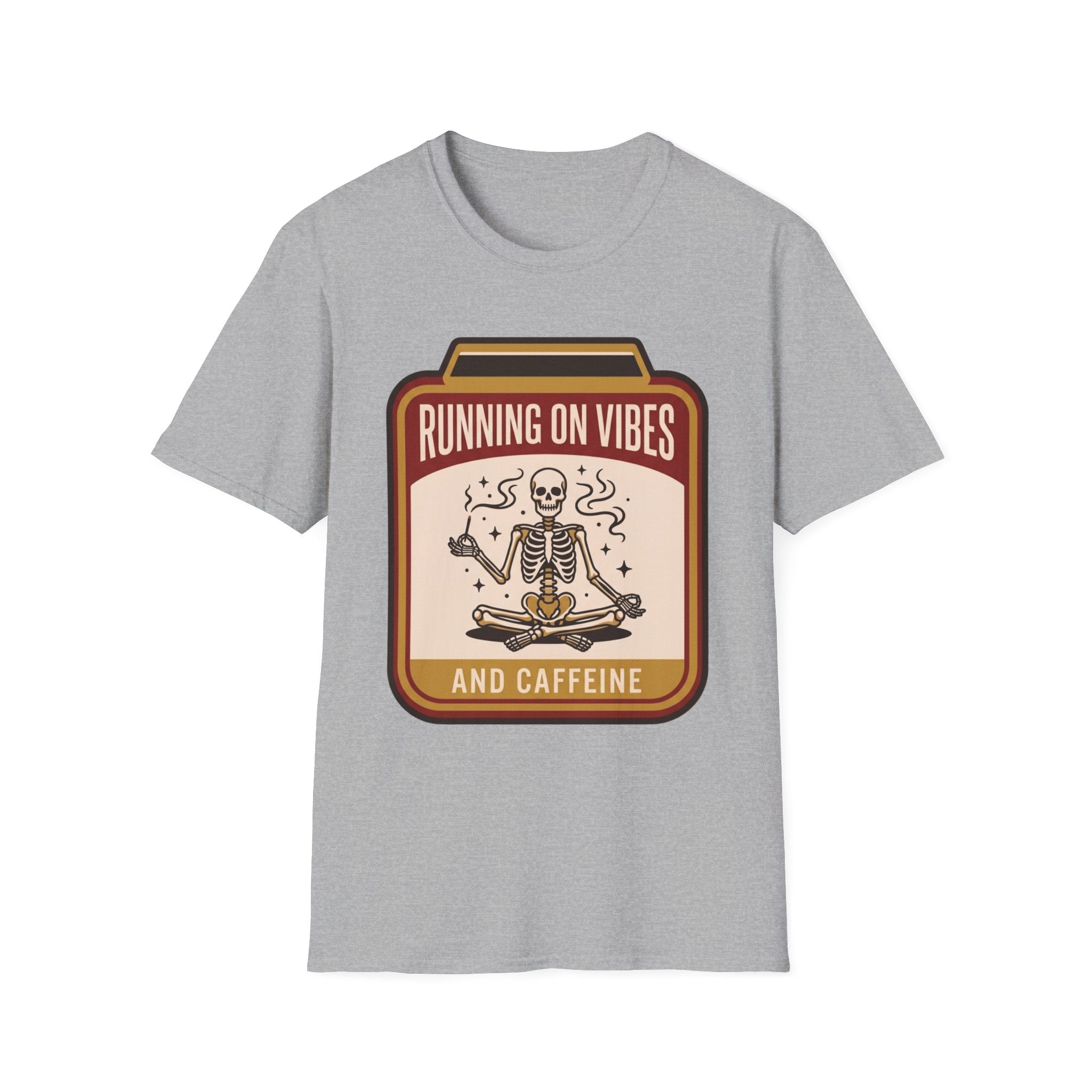 Running on Vibes and Caffeine T-Shirt | Skeleton Yoga Retro Graphic Tee
