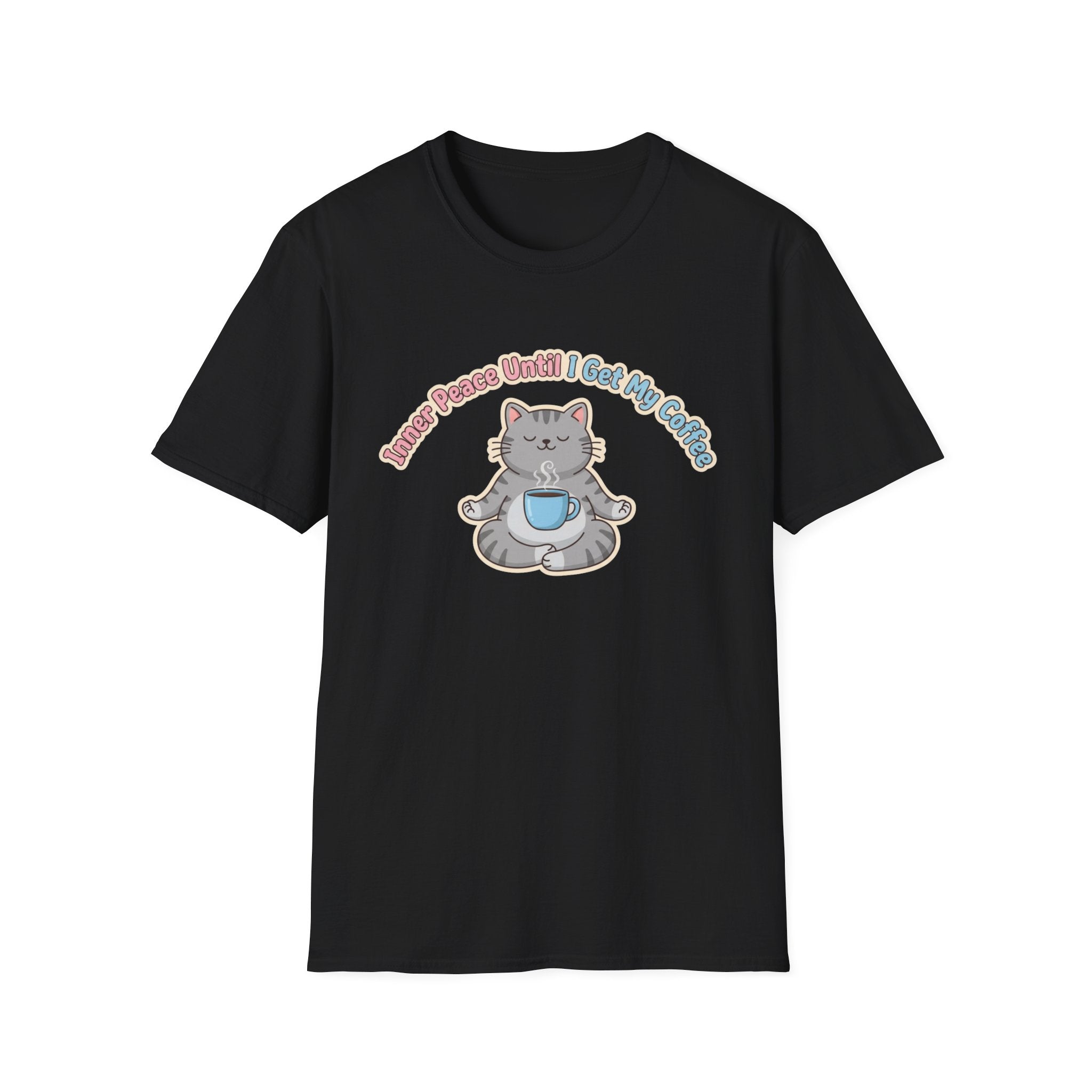 "Inner Peace Until I Get My Coffee" Cute Meditating Cat Graphic T-Shirt